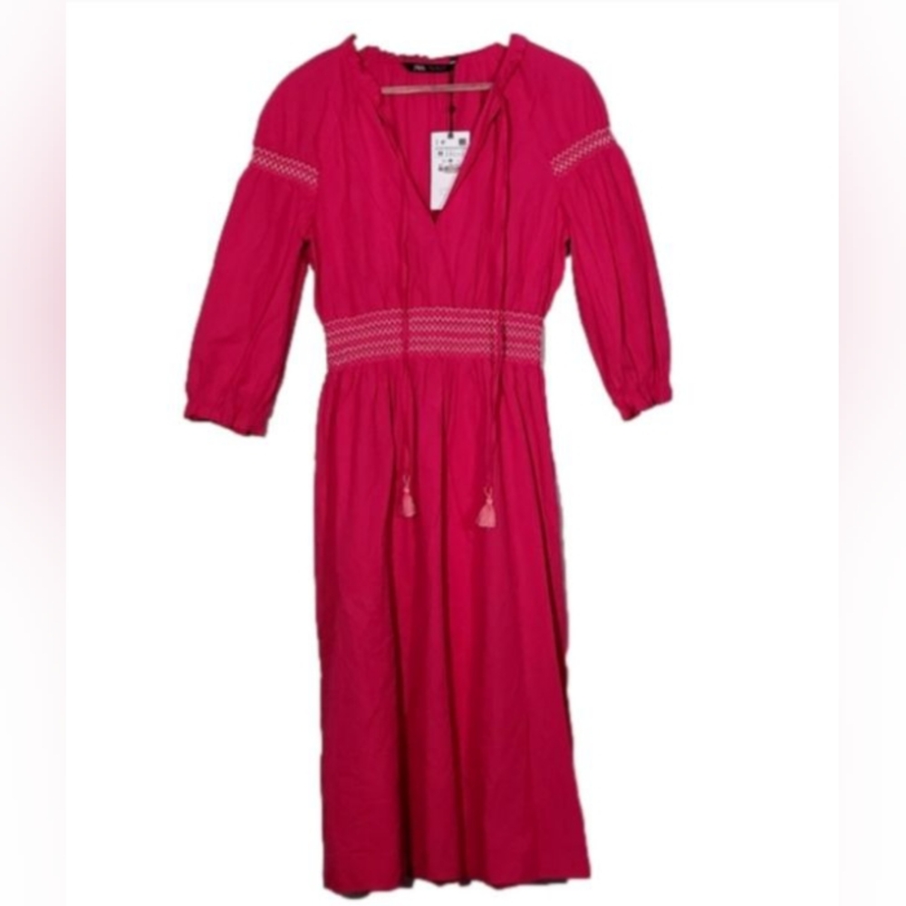 Zara Pink Pleated Tie Front Midi Sundress Size M